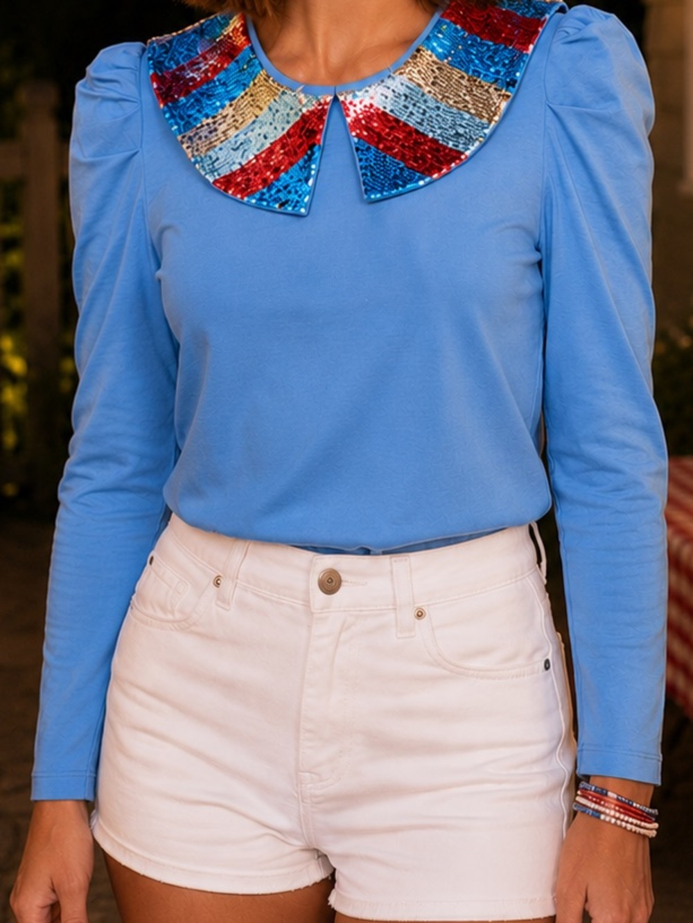 Uterque sequin embroidered Peter Pan collar frilled shoulder top S